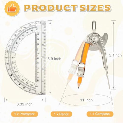 Mototo 2-PCS Geometry Tool Set, Math Compass for Geometry and 6 Inch Protractor Set Include Metal Compass with Pencil and Clear Plastic Protractor for Student Classroom Office Woodworking Art Drawing - style: 2 Pack
