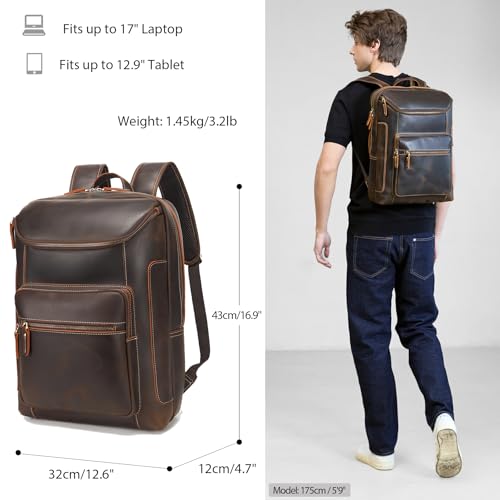 LANNSYNE Full Grain Leather Backpack For Men, 17" Laptop Backpack - color: Brown