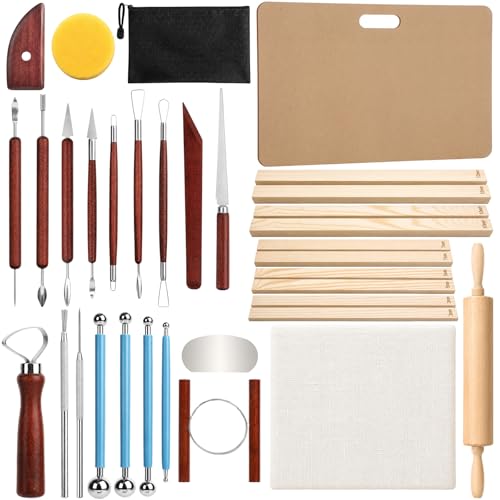 34Pcs Clay Sculpting Tools Include Clay Pottery Carving Tool Wood Rolling Pin Portable Wedging Board Linen Tablecloth 5 Size Teaching Rolling Mud Stick Guide for Crafts Arts Ceramics Pottery Tools