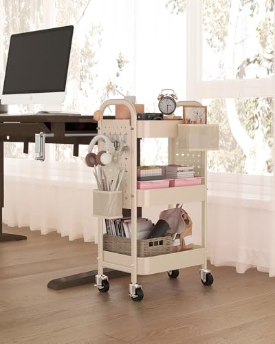 ALVOROG 3 Tier Metal Rolling Utility Cart with Pegboards,Baskets,Hook,Khaki - color: Khaki