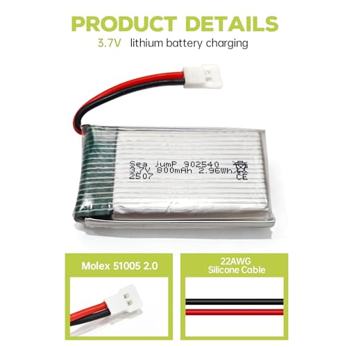sea jump 2PCS 3.7V 800mAh 25C Lipo Battery with Molex Plug and USB Charging Cable Compatible with WLtoys SYMA Most Drone, Quadcopters, Aerial Drones, Gliders, Robot Batteries