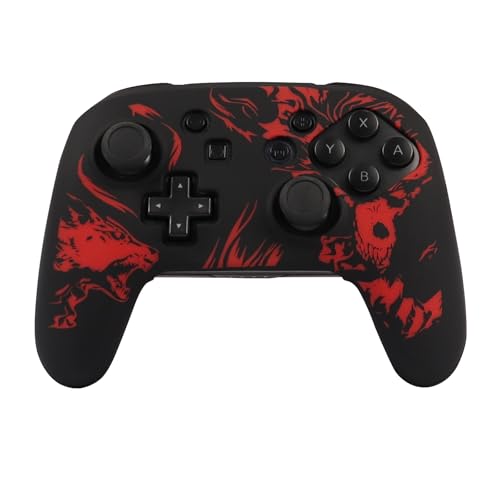 Wolf Controller Skin Cover for NS Switch Pro Controller, RALAN 1 controller skin+4 Customised Thumb Grips Caps Accessories - color: Wolf Black Red