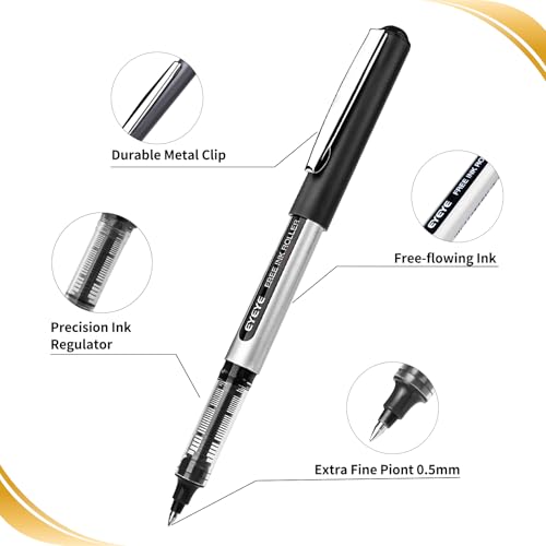 EYEYE Black Pens Pack of 12, 0.5mm Extra Fine Point Roller Ball Pen - color: Black