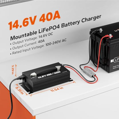 LiTime 12V 40A Lithium Battery Charger, 14.6V Output AC-DC, 0V Activation - size: Mountable (Upgraded)