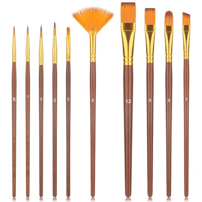 10Pcs Paint Brushes for Acrylic, Watercolor & Gouache Painting, Artists & Beginners