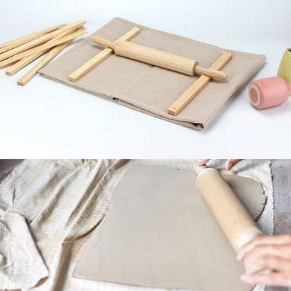 12 Pcs Pottery Tools Kit, Wood Rolling Pin Sculpting Polymer Clay Tools, Portable Pottery Wedging Board/Linen Tablecloth, 10 Pcs 5 Size Pottery Teaching Rolling Mud Stick Guide (Tablecloth)