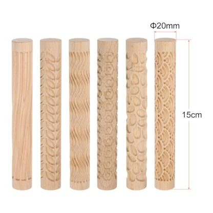 HARFINGTON 6pcs Wood Clay Roller Pattern Modeling 5.9 Inch Beech Wood Hand Rollers Wooden Pottery Tools Wood Grain Texture Rollers for Clay Baking Playdough DIY