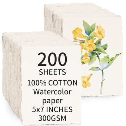 200 Sheets White Watercolor Paper 5x7 Inch Cotton Handmade Deckled Edge - color: White, size: 5x7in