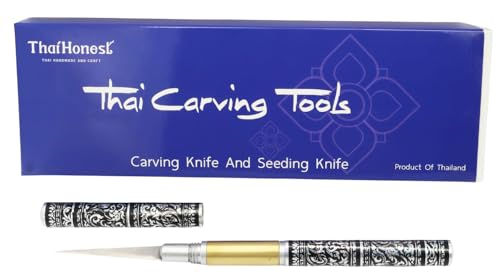 Thai Fruit Carving Knife –2 Inch Double-Sided Blade (Curved & Straight) with Decorative Black Thai Pattern Handle – Precision Tool for Vegetable and Fruit Art, Handcrafted for Culinary Detailing