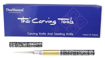 Thai Fruit Carving Knife –2 Inch Double-Sided Blade (Curved & Straight) with Decorative Black Thai Pattern Handle – Precision Tool for Vegetable and Fruit Art, Handcrafted for Culinary Detailing
