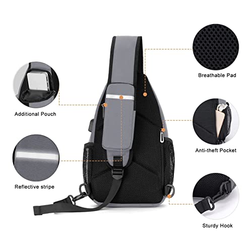 MOSISO Sling Backpack Bag, Crossbody Shoulder Bag Travel Hiking Daypack Chest Bag with Front Square Pocket&USB Charging Port - color: Grey