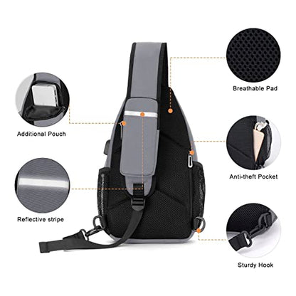 MOSISO Sling Backpack Bag, Crossbody Shoulder Bag Travel Hiking Daypack Chest Bag with Front Square Pocket&USB Charging Port - color: Grey