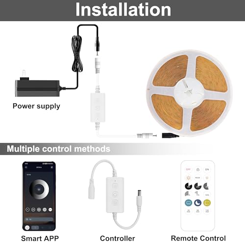 COB LED Strip Light 6000K, 24ft Dimmable White LED Strip Light, CRI92+, DC24V Tape Light with RF Remote, Timer Function, Bluetooth App Control for Home Bedroom Kitchen DIY Lighting. - color: 6000K, size: 24FT
