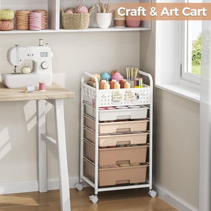 5 Drawer Rolling Storage Cart with Pegboard Top and Hooks, Brown - color: Brown, size: 5-Drawers
