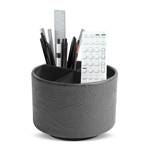 Round Leather Art Supply Organizer,Remote Control Holder,360-degree Rotating Pen Organizer with 4 Compartments(1-Butterfly Black) - color: 1-3Butterfly Black