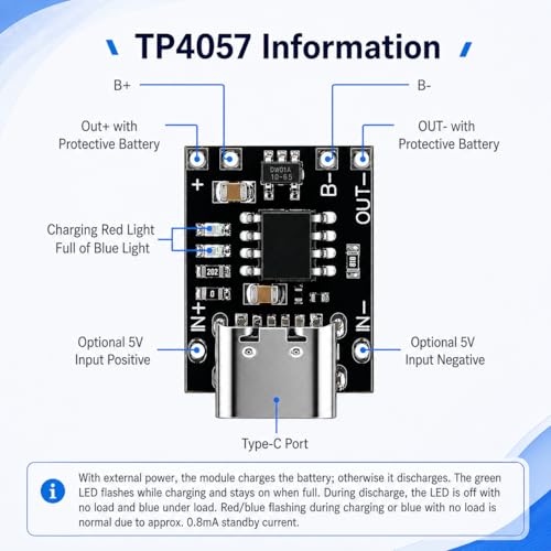 6PCS TP4057 1A 3.7V Li-ion Charger Board Type-C CC/CV 18650
