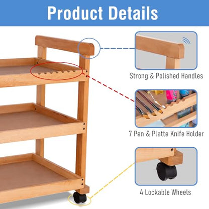 Falling in Art 3-Tier Beechwood Rolling Cart with Caster Wheels, Natural - color: Natural