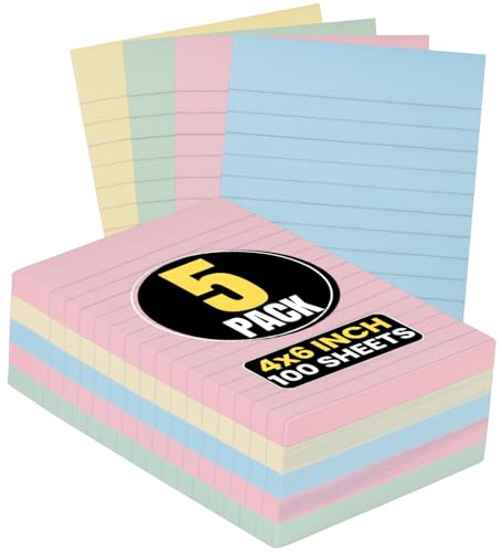 1InTheOffice Lined Sticky Notes 4x6, Sticky Note Pads Assorted Pastel Color Large Sticky Notes 4" x 6" 100 Sheets - 5/Pack
