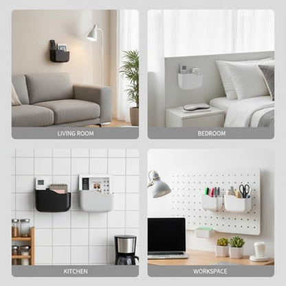 Wall/Bedside Remote Control Holder & Storage Box with Adhesive/Separable Mount - Plastic Media Player & Controller Organizer, Phone Charging Station, for TV Remotes,Stationery - Compact Space-Saving