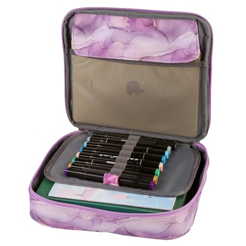 Multi-Functional Zipper Pencil ipad case w/Handle and Zippered Pocket - color: Dark Marble Purple