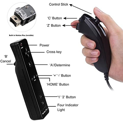 Motion Plus Wii Controllers 2Packs with Nunchucks, Wii Remote Controllers Compatible for wii and Wii U with Built in Motion Plus - color: black+black