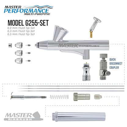 Master Airbrush G255 Dual-Action Gravity Feed Airbrush Gun Kit, 3 Nozzles - size: G255 3-Tip Fine & Multi-Purpose Set