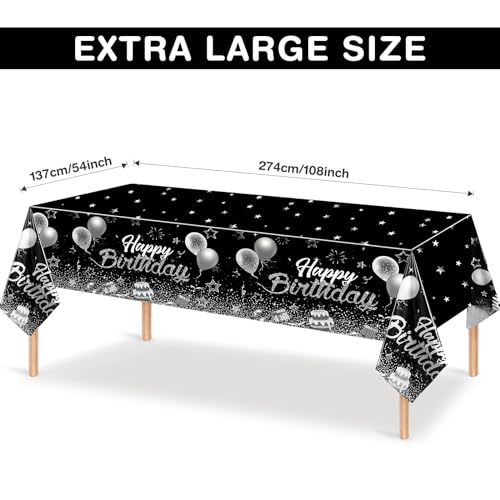 Breling 3 Pack Happy Birthday Tablecloths Decoration, Black Silver - color: Black Silver