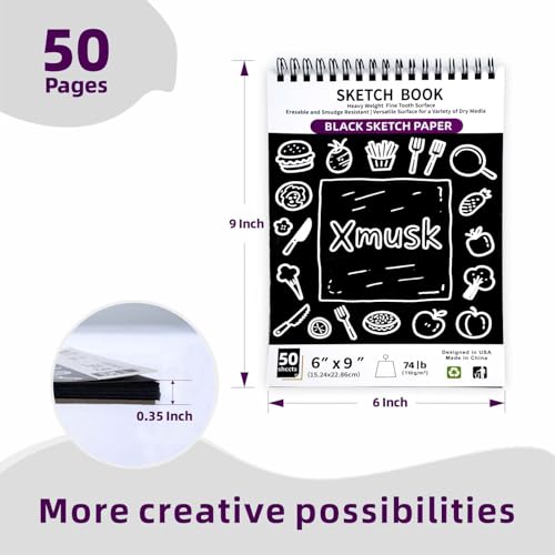Xmusk Hardcover Black Sketch Book for Artists, Students & Adults, 6"×9"