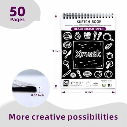 Xmusk Hardcover Black Sketch Book for Artists, Students & Adults, 6"×9"