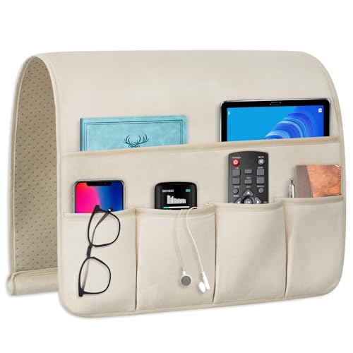 Remote Control Holder for Armchair Caddy, Remote Holder with 5 Pockets - color: Beige, size: 35"x18"