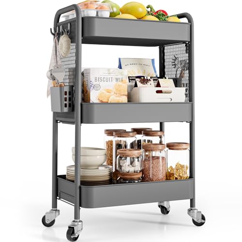 TOOLF 3 Tier Rolling Cart, Metal Utility Storage Cart with Pegboard, Grey - color: Gray, size: 3-Tier