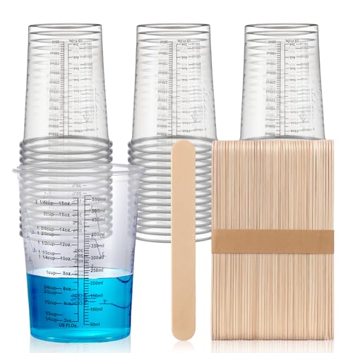 200 Pack Plastic Mixing Cups 20 oz (600ml) Disposable Measuring Cups with 200 Pcs Wooden Mixing Sticks Measurement Ratios: 2: 1, 3: 1, 4: 1 for Epoxy Resin, Liquid Measuring, and Paint