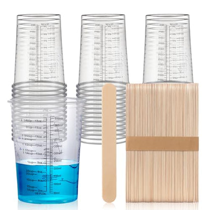 200 Pack Plastic Mixing Cups 20 oz (600ml) Disposable Measuring Cups with 200 Pcs Wooden Mixing Sticks Measurement Ratios: 2: 1, 3: 1, 4: 1 for Epoxy Resin, Liquid Measuring, and Paint