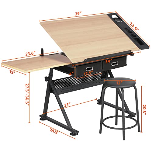 Yaheetech Adjustable Drafting Table Art Desk, Storage Drawers & Stool, Wood - color: Brown
