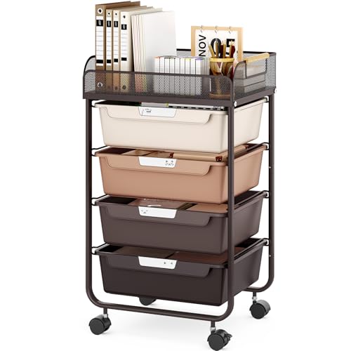 SYKIARIOL 4-Drawer Rolling Storage Cart with Mesh Top,Brown - color: Gradient Brown