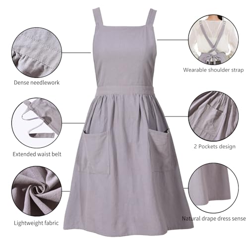 Pinknoke Cute Cotton Pinafore Aprons for Women with Pockets for Kitchen - color: Gray