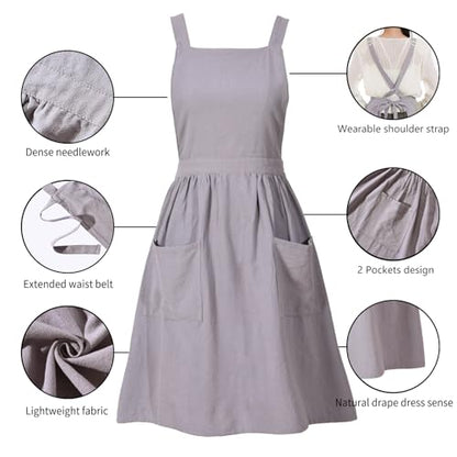 Pinknoke Cute Cotton Pinafore Aprons for Women with Pockets for Kitchen - color: Gray