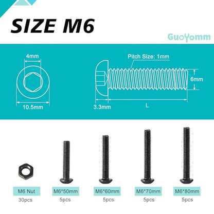 50PCS M6 x 50mm 60mm 70mm 80mm, Button Head Socket Cap Screws Bolts Nuts Kit, 10.9 Grade Alloy Steel, Black Oxide Finish, Metric Allen Hex Drive, Fully Threaded - size: Button M6x50/60/70/80mm