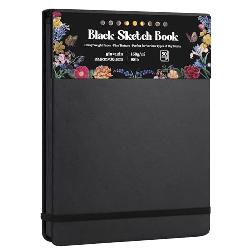 160 GSM Black Paper Sketchbook 9 × 12 in, 50 Sheets Black Paper Notebook - size: 9×12 Inch (1 Pack)