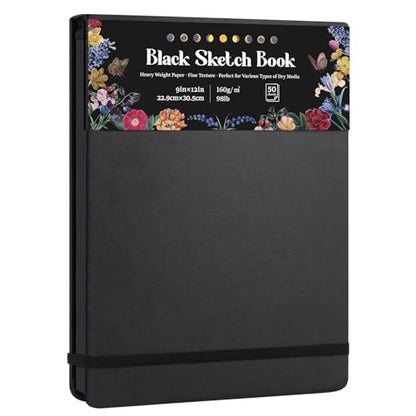 160 GSM Black Paper Sketchbook 9 × 12 in, 50 Sheets Black Paper Notebook - size: 9×12 Inch (1 Pack)