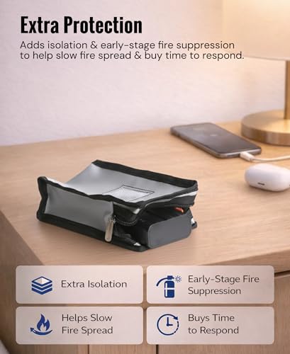 Travel Battery Safety Fireproof Bag with Automatic Fire Suppression for Power Banks & Lithium ion Battery, Clean Agent Sheet, Fire Resistant Carry-On Storage Case