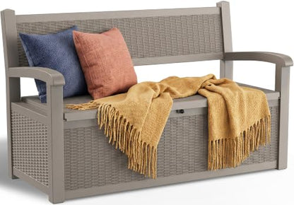 Storage Bench Outdoor Deck Box, 100 Gallon Lockable Patio Furniture, Grey
