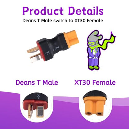 RC Battery Accessory Kit,No Wires Deans T Male (red) Connector Switch to XT30 Female (Yellow) Adapter, for Remote Control Toy Boat FPV Drone Car etc - 1 Pcs with 7.4V USB Charger Cable