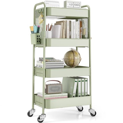 TOOLF 4 Tier Rolling Cart, Metal Utility Storage Cart with Pegboard, Green - color: Green, size: 4-Tier
