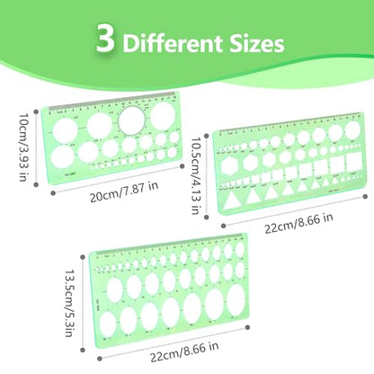 3PCS Circle Template，Plastic Circle Stencils, Geometric Circle Template for Drawing, Elliptical for Stencil Ruler School Office Supplies（Green）