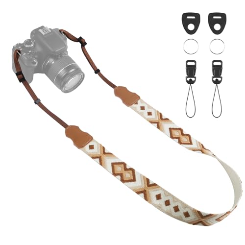 Universal Camera Strap - Camera Neck Strap, Adjustable Shoulder Straps Compatible with Canon, Fujifilm, Nikon, Olympus, Panasonic and other SLR and mirrorless cameras - Brown Beige White Weave - color: Brown Beige and White Weave
