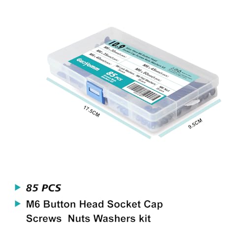 85 PCS M6 x 30mm 35mm 40mm 45mm 50mm, Button Head Socket Cap Screws Bolts Washers Nuts Assortment Kit, 10.9 Grade Alloy Steel, Black Oxide Finish, Metric Allen Hex Drive - size: Button M6x30/35/40/45/50 mm