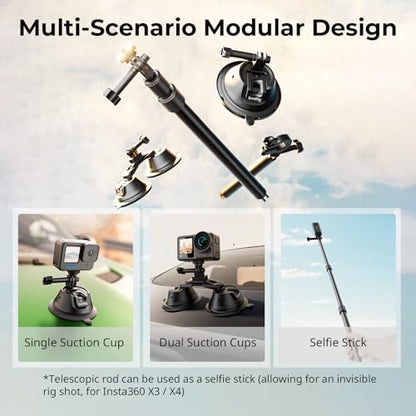 SMALLRIG Car Mount for Insta360 X5/X4/X3, Double-Layer Suction Cup Kit with Telescopic Rod for Action Camera, for Panoramic Shooting, Drone Perspective, Mount on Car Window or Windshield