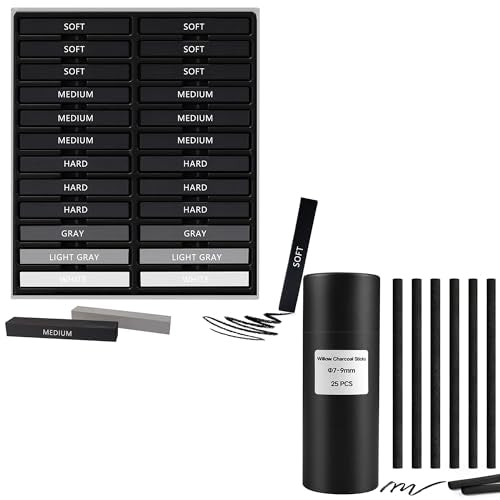 24 Pcs Compressed Charcoal Sticks, 25 Pcs Willow Charcoal Sticks Pencils for Sketching, Drawing, and Shading