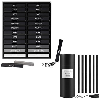 24 Pcs Compressed Charcoal Sticks, 25 Pcs Willow Charcoal Sticks Pencils for Sketching, Drawing, and Shading